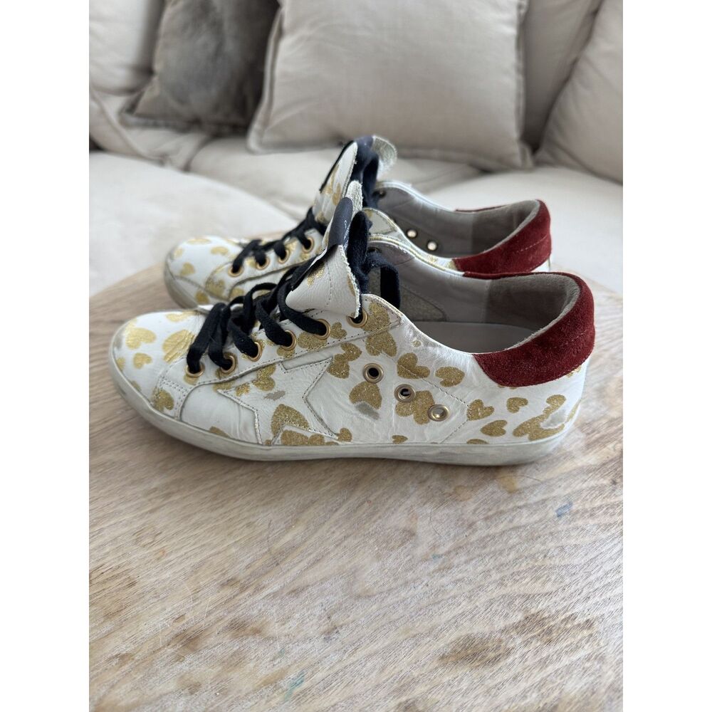 GOLDEN GOOSE Gold Glitter Hearts Burgundy Suede Heel Size 37 - Picture 8 of 10